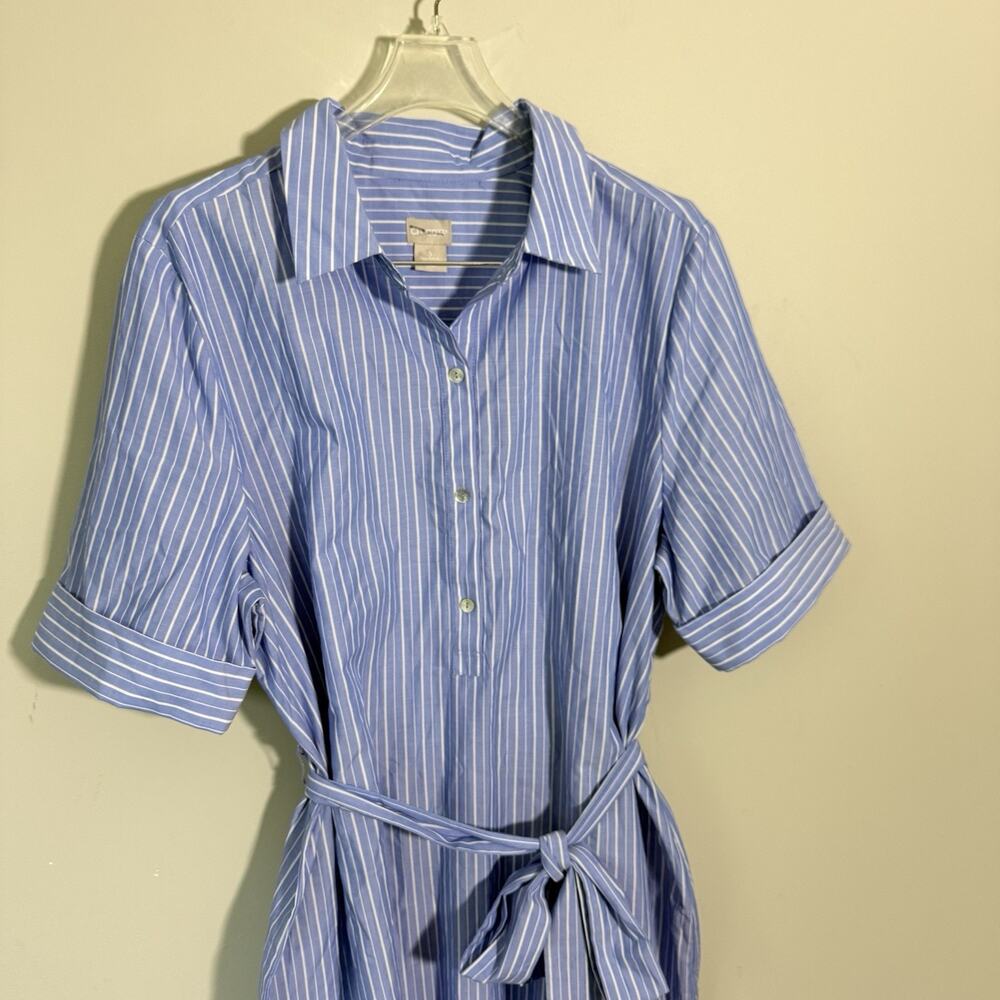 Chicos Shirt Dress 3 US 16 Blue White Striped Tie Waist Belt Coastal Nautical - Picture 2 of 5